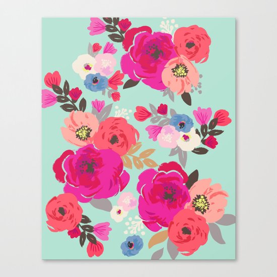 Sweet Pea Floral Aqua Canvas Print