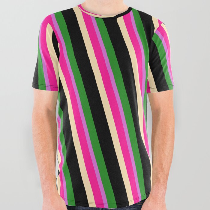 Vibrant Deep Pink, Beige, Black, Forest Green, and Orchid Colored Lines Pattern All Over Graphic Tee