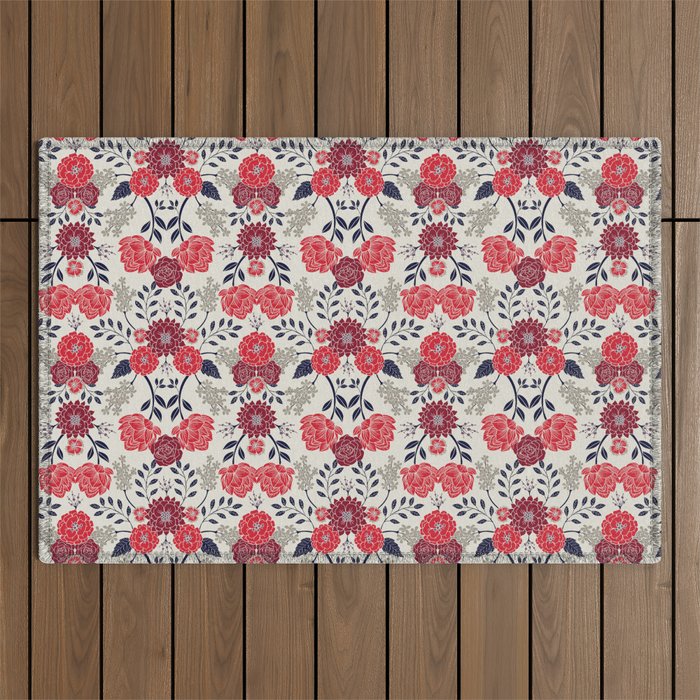 Sophisticated Red, Navy Blue & Gray Floral Pattern Outdoor Rug