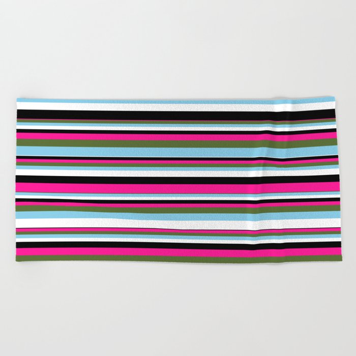 Vibrant Deep Pink, Dark Olive Green, Sky Blue, White, and Black Colored Lined/Striped Pattern Beach Towel