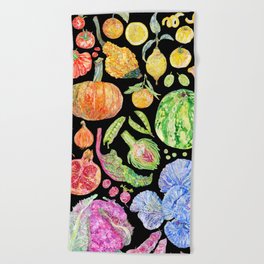 Rainbow of Fruits and Vegetables Dark Beach Towel