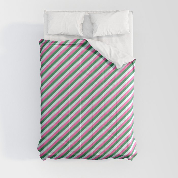 Hot Pink, Sea Green & Light Cyan Colored Stripes/Lines Pattern Comforter