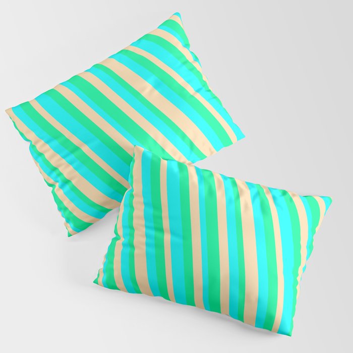 Aqua, Tan, and Green Colored Striped/Lined Pattern Pillow Sham