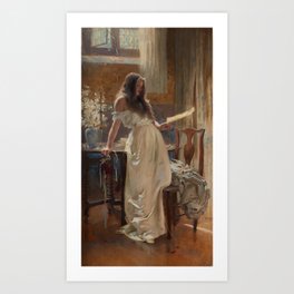 Go Lovely Rose! Tell her in a letter that Wastes her Time and Mine female with long hair striking pose reading letter still life gilded age portrait painting by Herbert James Draper Art Print