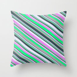 [ Thumbnail: Eyecatching Dark Gray, Dark Slate Gray, Lavender, Violet, and Green Colored Striped Pattern Throw Pillow ]
