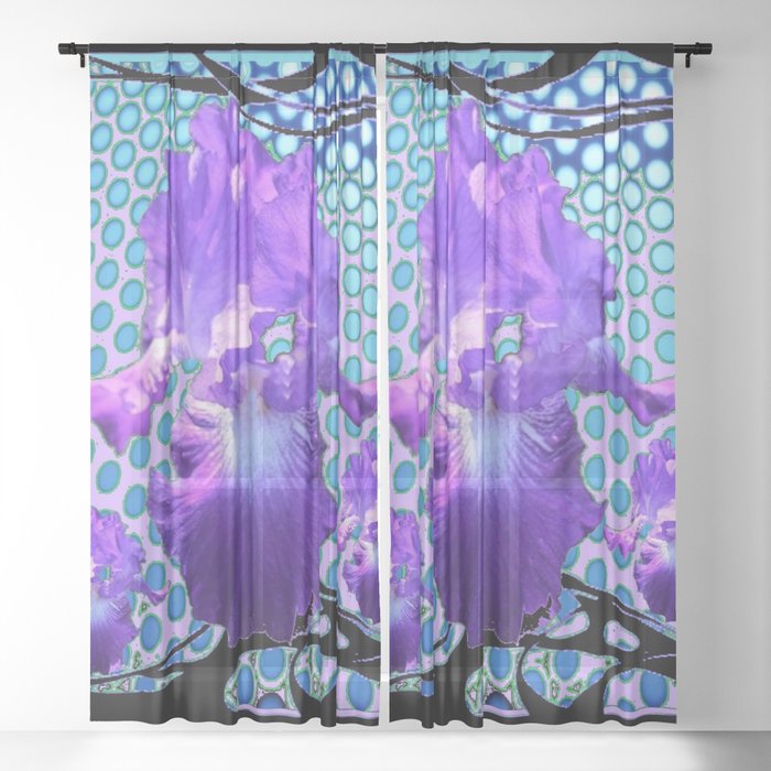 Modern Lilac Purple Iris Baby Blue Black Art Sheer Curtain By