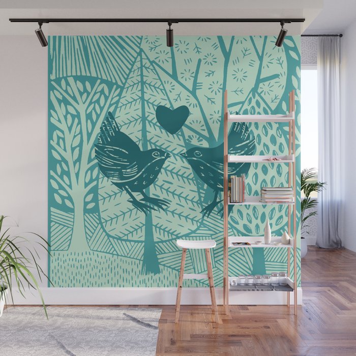 Lovebirds in Blues Wall Mural