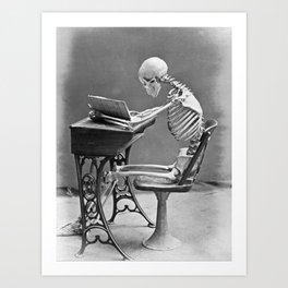 Skeleton Reading at a Desk - School's Out for Summer black and white photography - black and white photographs Art Print