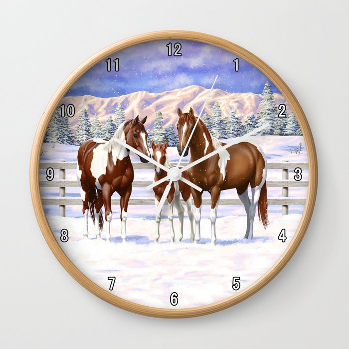 Chestnut Pinto Paint Horses In Snow Wall Clock
