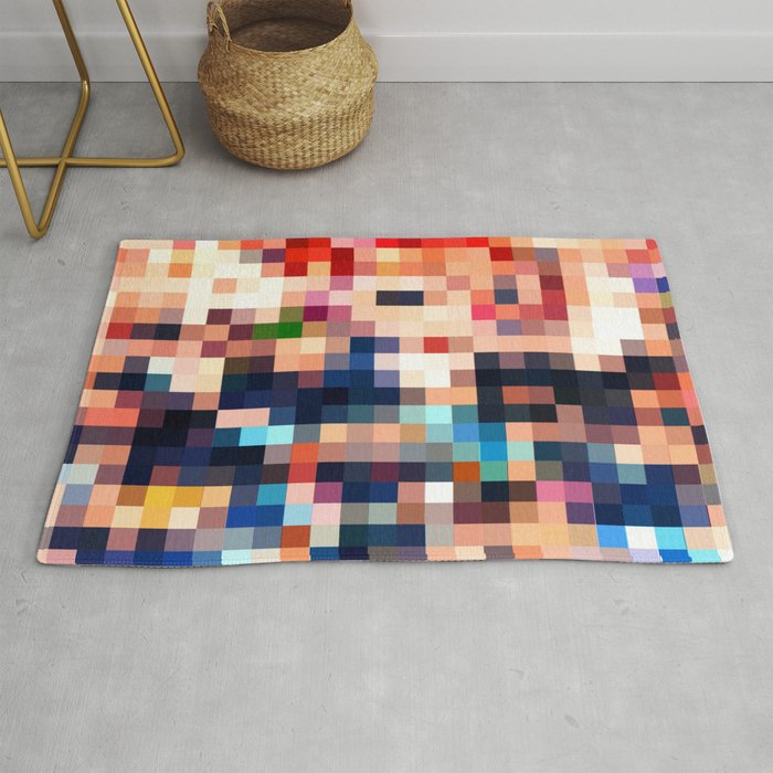 geometric pixel square pattern abstract background in brown blue red Rug