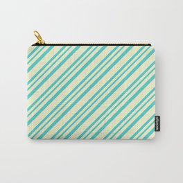 [ Thumbnail: Light Yellow and Turquoise Colored Lined Pattern Carry-All Pouch ]