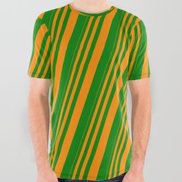 [ Thumbnail: Dark Orange & Green Colored Stripes Pattern All Over Graphic Tee ]