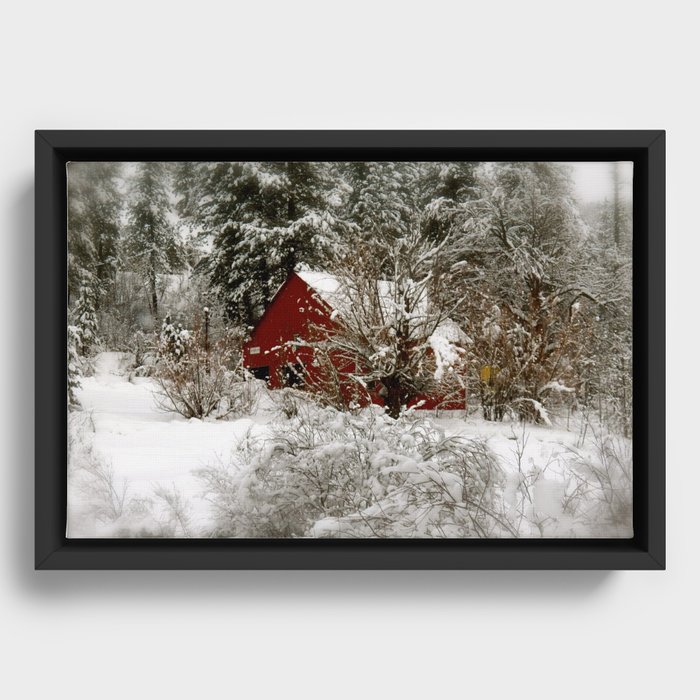 Snowy Red Barn Framed Canvas