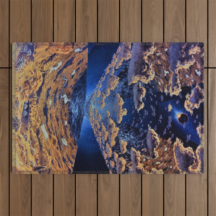 Alternate Realities; Cylindrical Colonies, eclipse of the sun with view of clouds and vegetation magical realism portrait painting Outdoor Rug