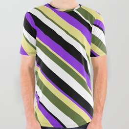 [ Thumbnail: Vibrant Purple, Tan, Dark Olive Green, White & Black Colored Lined/Striped Pattern All Over Graphic Tee ]