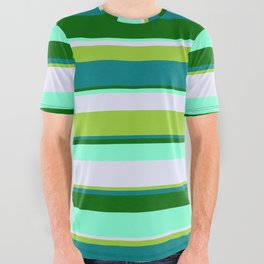 [ Thumbnail: Eyecatching Green, Teal, Dark Green, Aquamarine & Lavender Colored Striped/Lined Pattern All Over Graphic Tee ]