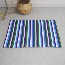 [ Thumbnail: Blue, Lavender, Green, and Indigo Colored Pattern of Stripes Rug ]