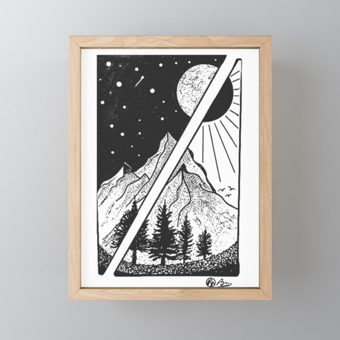 Like Night & Day Hand-Drawn by Dark Mountain Arts Framed Mini Art Print by  darkmountainarts