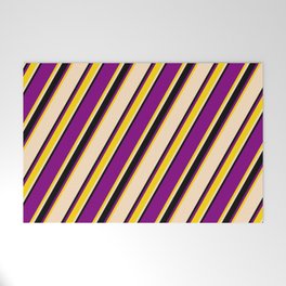 [ Thumbnail: Purple, Yellow, Bisque, and Black Colored Pattern of Stripes Welcome Mat ]
