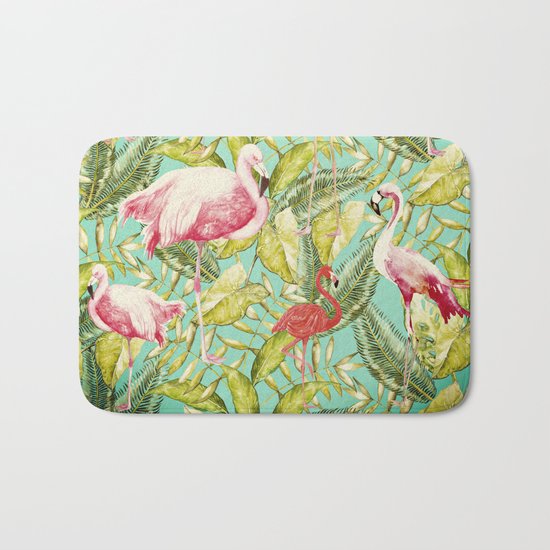 Aloha- Tropical Flamingo Bird and Palm Leaves Garden by #UtArt Bath Mat