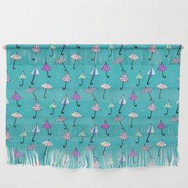 Umbrellas and Rain on Blue Wall Hanging