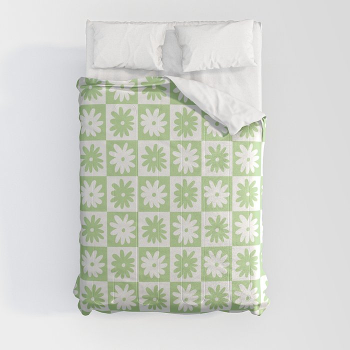 Green And White Checkered Flower Pattern Comforter