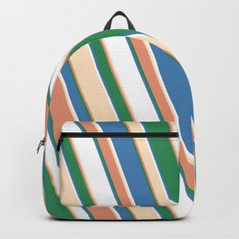 [ Thumbnail: Eye-catching Dark Salmon, Sea Green, Blue, White, and Bisque Colored Stripes Pattern Backpack ]