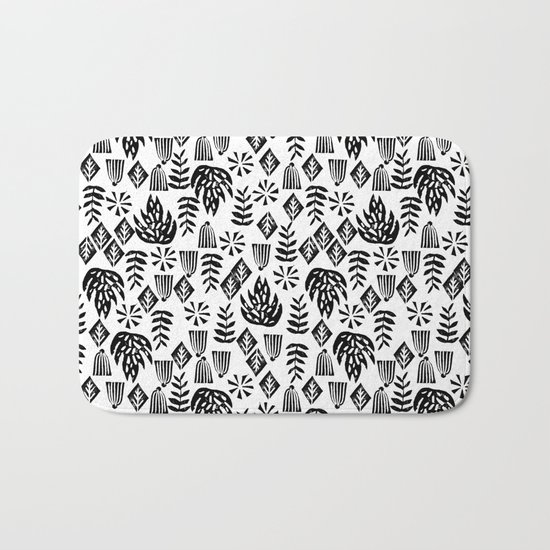 Tropical linocut tribal island pattern scandinavian art print black and white minimal Bath Mat