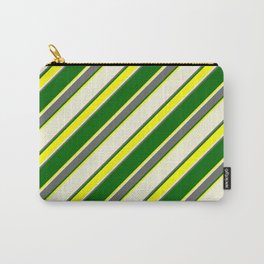 [ Thumbnail: Beige, Dim Gray, Dark Green & Yellow Colored Lined Pattern Carry-All Pouch ]