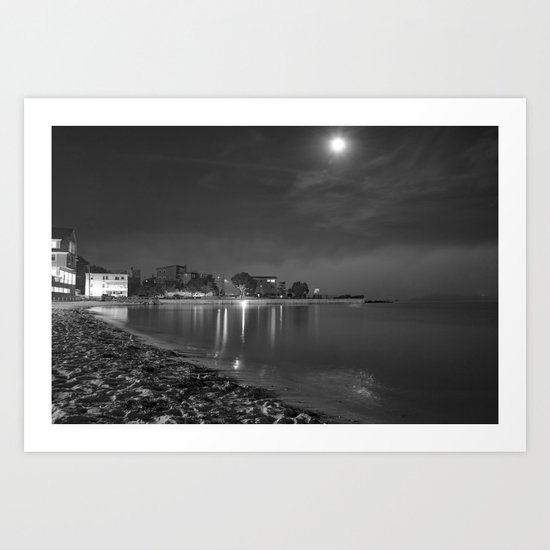 Foggy Moonlit Beach B&W Art Print