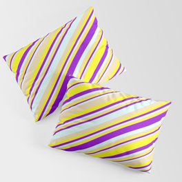 [ Thumbnail: Tan, Yellow, Dark Violet & Light Cyan Colored Striped Pattern Pillow Sham ]