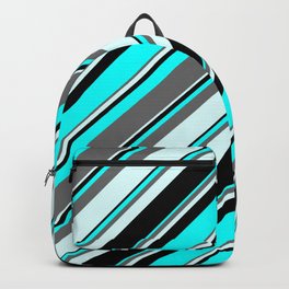 [ Thumbnail: Aqua, Dim Gray, Light Cyan & Black Colored Lines/Stripes Pattern Backpack ]