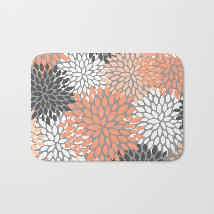Floral Pattern, Coral, Gray, White Bath Mat