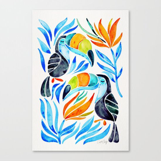 Tropical Toucans – Blue Leaves Canvas Print