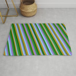 [ Thumbnail: Vibrant Purple, Light Sky Blue, Dark Goldenrod, Dark Green, and Forest Green Colored Lines Pattern Rug ]