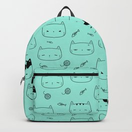 Seafoam and Black Doodle Kitten Faces Pattern Backpack