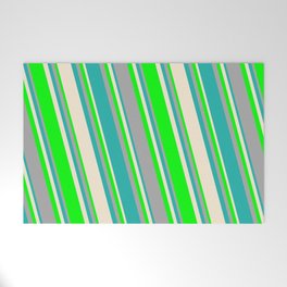 [ Thumbnail: Beige, Lime, Dark Gray, and Light Sea Green Colored Pattern of Stripes Welcome Mat ]