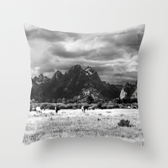 Horse and Grand Teton (Black and White) Throw Pillow