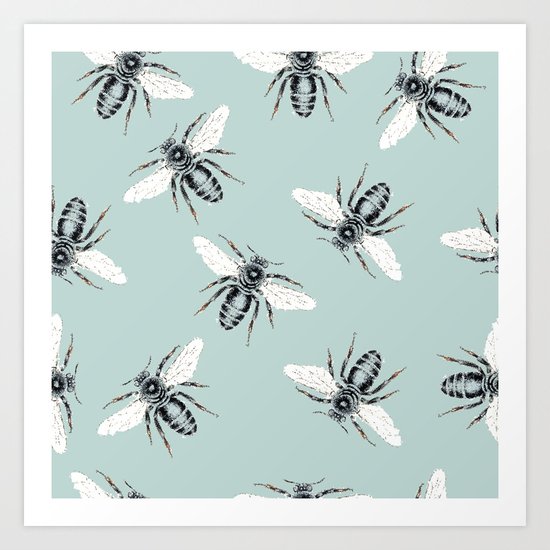 bees on blue Art Print