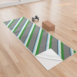 [ Thumbnail: Colorful Grey, Forest Green, Mint Cream, Sky Blue & Black Colored Pattern of Stripes Yoga Towel ]