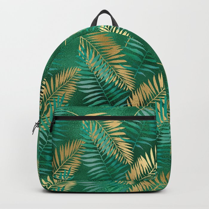 Gold Emerald Green Palm Leaves Pattern Backpack