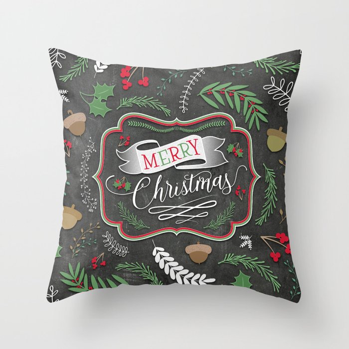 Chalkboard Merry Christmas Sign // Red, Green, Black and White // Holly, Ferns, Berries, Acorns Throw Pillow