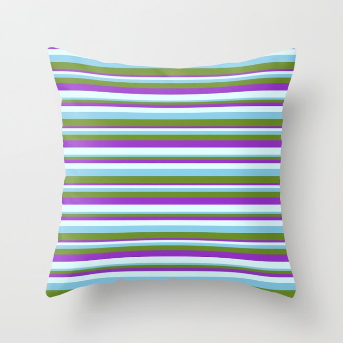 Sky Blue, Green, Dark Orchid, and Light Cyan Colored Striped Pattern Throw Pillow