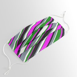 [ Thumbnail: Eyecatching Slate Gray, White, Green, Fuchsia, and Black Colored Striped Pattern Face Mask ]