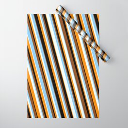 [ Thumbnail: Vibrant Brown, Light Sky Blue, Mint Cream, Dark Orange & Black Colored Stripes/Lines Pattern Wrapping Paper ]