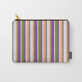 [ Thumbnail: Green, Light Salmon, Lavender & Dark Orchid Colored Stripes Pattern Carry-All Pouch ]