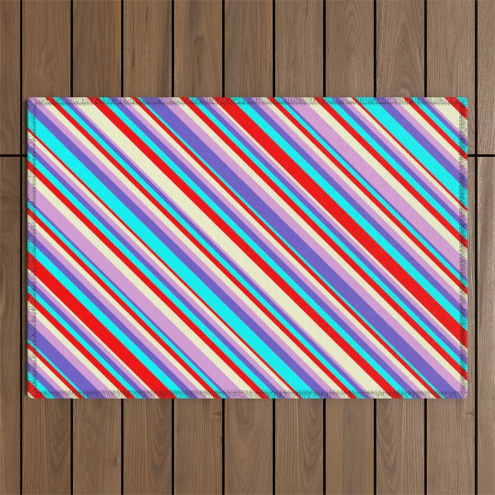 Eyecatching Light Yellow, Plum, Slate Blue, Aqua & Red Colored Stripes/Lines Pattern Outdoor Rug