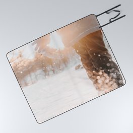 Atmospheric Backlight Winter Photo | Winter Photography | Golden Hour In Snow Picnic Blanket