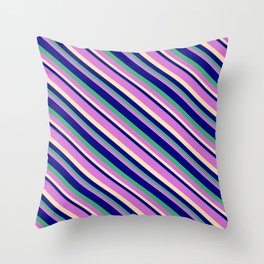 [ Thumbnail: Blue, Sea Green, Orchid, and Beige Colored Striped/Lined Pattern Throw Pillow ]