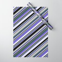 [ Thumbnail: Eyecatching Grey, Dark Slate Gray, Slate Blue, Lavender, and Black Colored Lines/Stripes Pattern Wrapping Paper ]